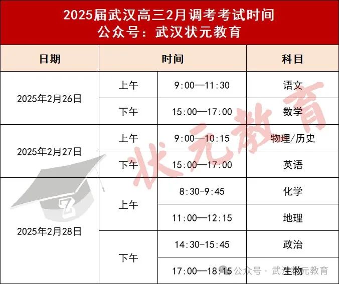 2025年武漢高三2月調(diào)考考試時間