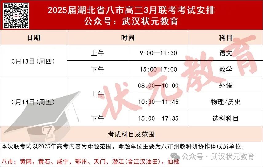 2025年湖北省八市州高三3月聯(lián)考考試安排